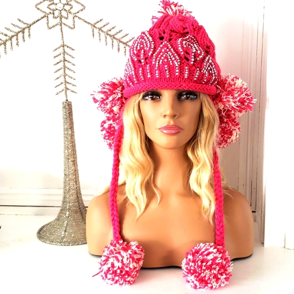 Pink And Cream Color Adult Bling Knit Hat - Picture 1 of 9